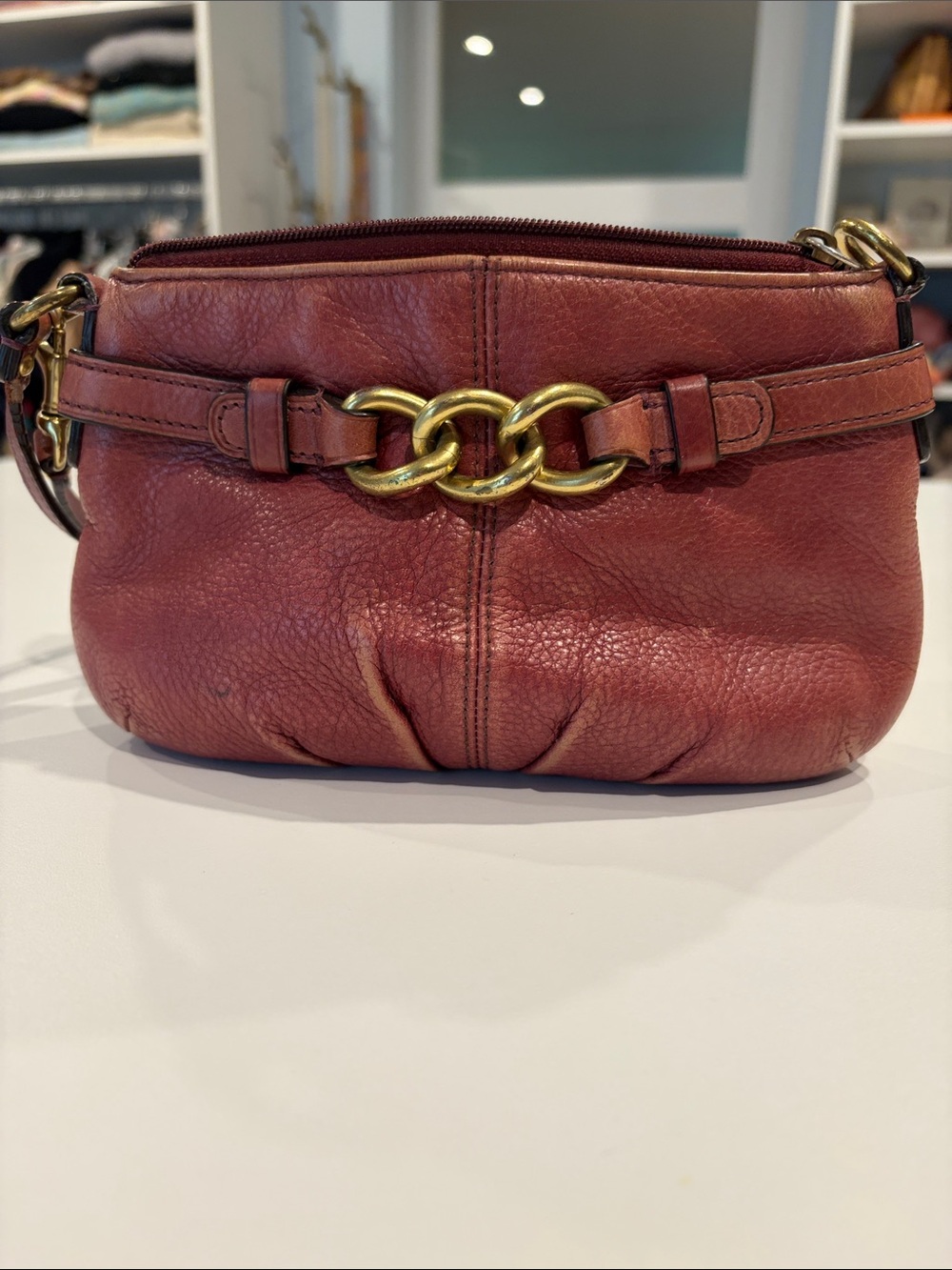 Coach Small Leather mini bag in Deep Plum with Gold Tone Chain accent